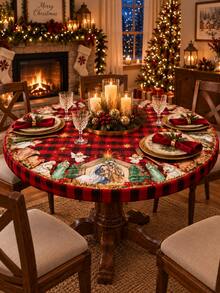 2pcs Red Buffalo Plaid Nativity Elastic Tablecloth Set, Vintage Christmas Stretch Polyester Round & Square Fitted Table Covers With Snug Edge, Wrinkle-Resistant Decor For Holiday Dining, Party, Kitchen & Winter Home - Multicolor - View 4
