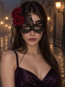 Black Lace Red Rose Masquerade Mask Hair Accessory, Suitable For Bridal Wedding, Bachelorette Party, Halloween Decoration - Black - View 3