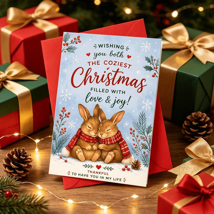 1 kort + 1 kuvert, varmt och romantiskt julkort med två kramande kaniner, "Merry Christmas To You Both", för par, vinterhelg, akvarellstil - flerfärgad - Visa 1