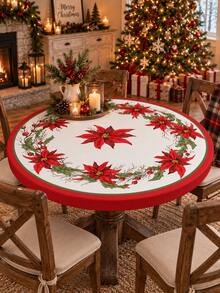 1pc Red Poinsettia & Holly Berry Elastic Tablecloth, Christmas Style Polyester Round/Square Fitted Table Cover With Elastic Edge, Wrinkle-Resistant Protective Dining Tablecloth For Christmas, Holiday Parties, Winter Home Decor - Multicolor - View 4