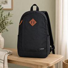 Black Water-Resistant Nylon Backpack 24L Large Capacity Unisex Daypack With Leather Patch Front Pocket For Travel School Work - Black - View 4