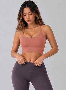 Never me Women's Sports Bra With Cross Straps, Removable Pads, For Running, Fitness, Yoga - Pink - View 5