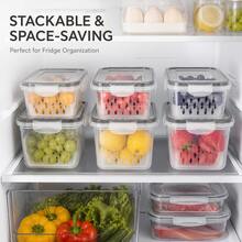 9-Piece Set: 3 Storage Boxes + 3 Lids + 3 Colander Baskets, Plastic Food Preservation Boxes With Colander And Lids - Leak-Proof, Freezer-, Reusable Multi-Functional Kitchen Storage Containers For Fruits, Vegetables And Food, Double-Layer Refrigerator Colander Storage Set - Multicolor - View 4