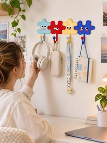 Cute Cartoon Puzzle Shape Adhesive Hook, No Drill Wall Mount Hanger, Colorful Versatile Self Adhesive Hook For Bag Hair Accessory Key, Room Wall Decor, Kitchen Bathroom Bedroom Dorm Office Organization, Christmas Valentine's Day Gift - Multicolor - View 6