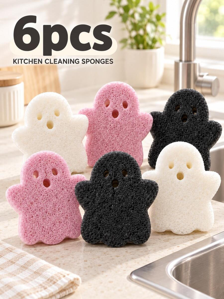 6pcs Halloween Ghost Kitchen Sponges, 3-Layer Double-Sided Multicolor Cleaning Brushes, Multi-Functional Dish Cloths For Sink, Stove, Plates, Pots, Kitchen Cleaning Tools, Easy Cleaning, Perfect Gift For Back To School And Graduation