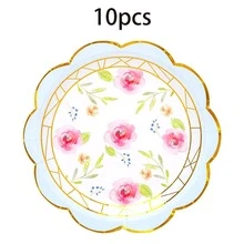 10入/60入/120入 7.28/9英吋花卉紙盤，6款金箔邊派對紙盤，粉色/藍色/黃色/白色花朵裝飾，適用婚禮、新娘派對、生日茶會，適合前菜、甜點、零食、大型聚會，男女通用 - 多色 - 查看 16
