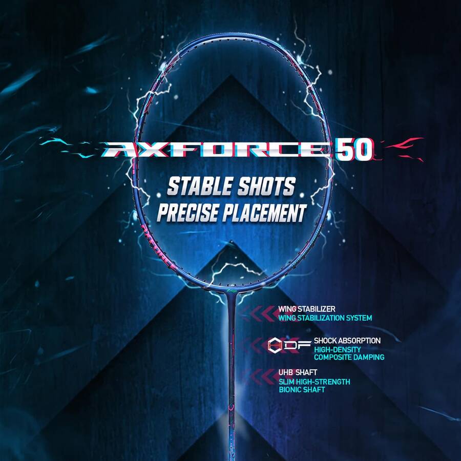 Raqueta de bádminton Li-Ning AXFORCE 50 (4U) Serie - Raqueta individual ofensiva, material de fibra de carbono, peso 80-85g, tensión máxima de encordado: 28 libras, modelo: AYPT285 - Azul morado oscuro - Ver 1