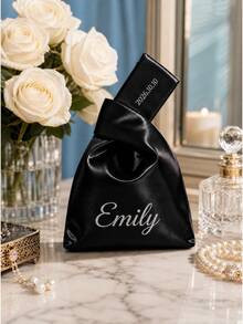 Personalized Printed Satin Knot Bag, White Satin Bridal Clutch, Customized Letter Pattern Bridesmaid Gift, Wedding Evening Party Handbag, Bridal Handbag - Multicolor - View 7