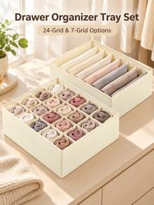 Wardrobe Drawer Fabric Organizer Box, 7-Compartment / 24-Compartment Dual Size, Underwear, Socks, Panties, Ties Divider Storage, Stackable Foldable Home Clothing Sorting Tray - Multicolor - View 2
