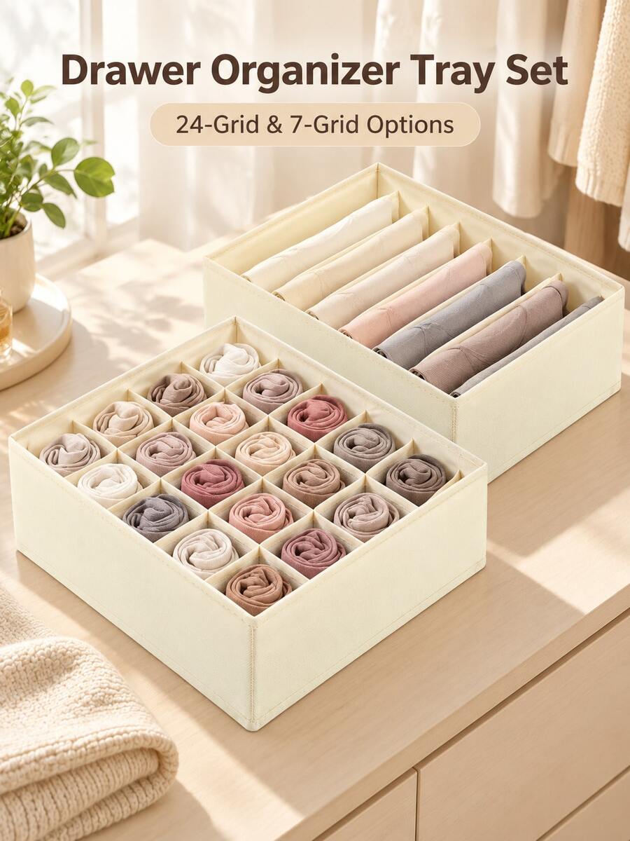 Wardrobe Drawer Fabric Organizer Box, 7-Compartment / 24-Compartment Dual Size, Underwear, Socks, Panties, Ties Divider Storage, Stackable Foldable Home Clothing Sorting Tray