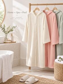 Women's Soft Fleece Hooded Bathrobe, Comfortable Long Sleeve Mid-Length Loose Plush Loungewear, For After Bath And Bedroom Wear, Autumn/Winter Mother's Day Gift - Multicolor - View 6