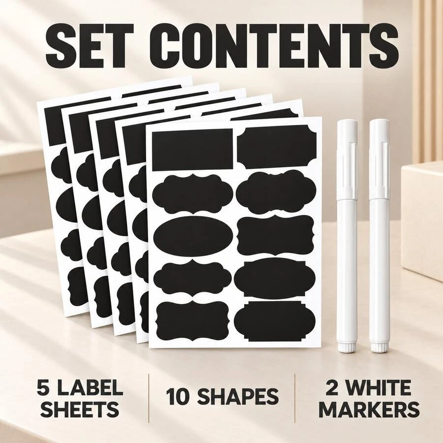 Storage Jar Label Sticker Set (20-Pack/40-Pack) With Marker; Adhesive-Free, Waterproof, Reusable Stickers; Kitchen Organizer Labels And Kitchen Containers – Erasable PVC Labels With Marker For Easy Organization, Perfect For Kitchen Storage - Multicolor - View 1
