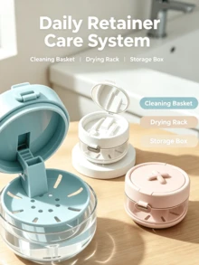 3-In-1 Denture Storage Box, Automatic Pop-Up Dental Appliance Cleaning Box, Portable Orthodontic Braces Holder, Built-In Drainage Basket, Suitable For Soaking, Cleaning And Drying Oral Appliances, Compact And Lightweight Design, Suitable For Travel And Daily Bathroom Use - Multicolor - View 2