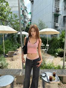 YEAE 美式辣妹低腰寬腿喇叭牛仔褲 顯瘦彈性丹寧長褲 純色休閒秋季款 - 深灰色 - 查看 5
