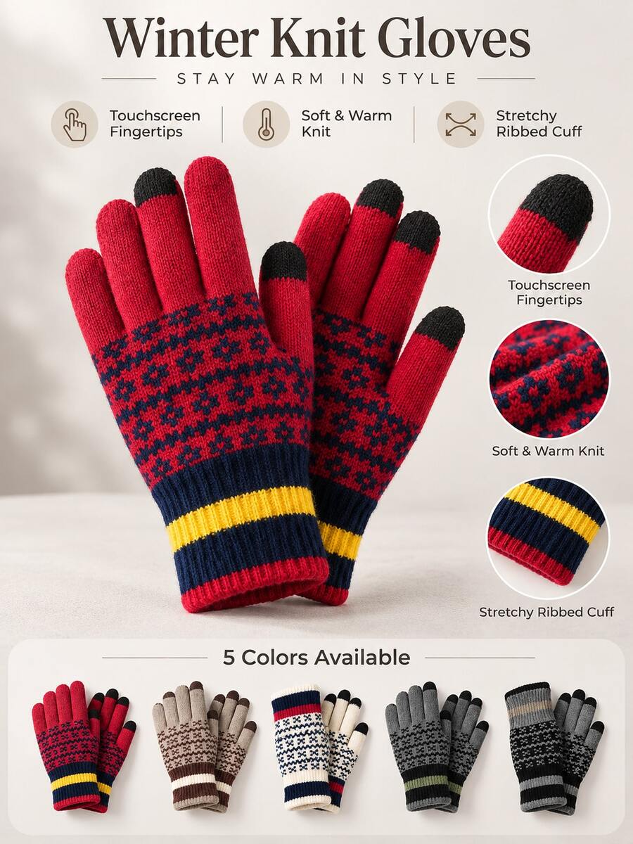Warm Jacquard-Knit Gloves,Winter Clothes For Women And Men,Soft Knit Texture With Touchscreen-Compatible Fingertips. A Perfect Gift For Halloween Or Christmas; And Ideal For Daily Outdoor Activities In Autumn And Winter, Such As Commuting Or Cycling. - Multicolor - View 1