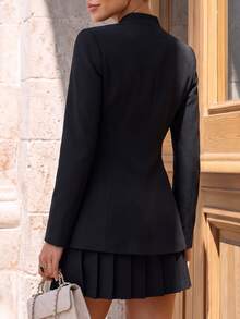 minisummer Women Elegant Fall Black Stand Collar Blazer, Three Button Fitted Waist Long Sleeve Notch Collar Office Work Jacket - Black - View 3
