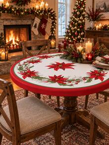1pc Red Poinsettia & Holly Berry Elastic Tablecloth, Christmas Style Polyester Round/Square Fitted Table Cover With Elastic Edge, Wrinkle-Resistant Protective Dining Tablecloth For Christmas, Holiday Parties, Winter Home Decor - Multicolor - View 3