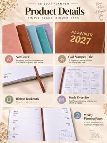 1PC 2027 Retro Marble Cover Planner, A6 Portable Size Design Student Notebook, Back-To-School Essential Stationery, Study Note Register - Multicolor - View 4