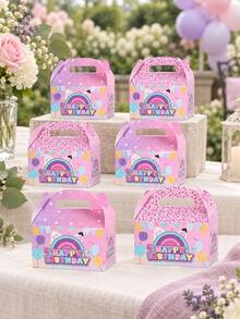 6/12/24Pcs Pink Rainbow Happy Birthday Paper Gift Boxes With Handles, Colorful Gable Party Favor Boxes With Balloon Confetti Design, Cute Gift Packaging For Birthday Party, BabyShower, Graduation, Celebration - View 3