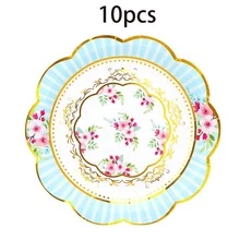 10入/60入/120入 7.28/9英吋花卉紙盤，6款金箔邊派對紙盤，粉色/藍色/黃色/白色花朵裝飾，適用婚禮、新娘派對、生日茶會，適合前菜、甜點、零食、大型聚會，男女通用 - 多色 - 查看 17