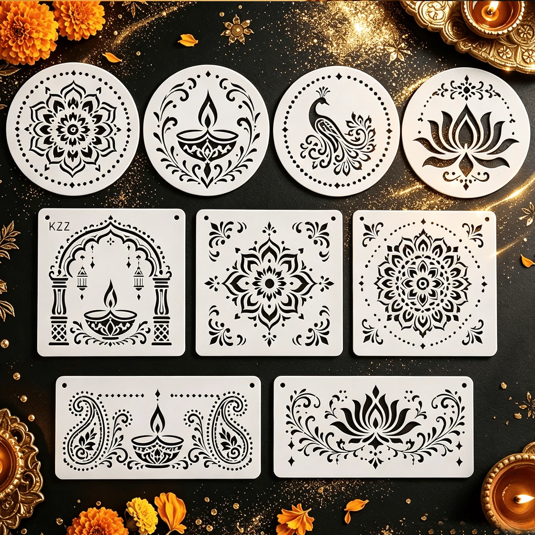 Bộ 9 khuôn stencil Mandala bằng nhựa tái sử dụng, mẫu tròn và vuông cho vẽ Rangoli Diwali, họa tiết gà trống, hoa sen và paisley, dùng cho đồ thủ công DIY, trang trí tường và vẽ tranh lễ hội cho dự án tại nhà - 9 mẫu thiết kế lễ hội ánh sáng - Xem 1