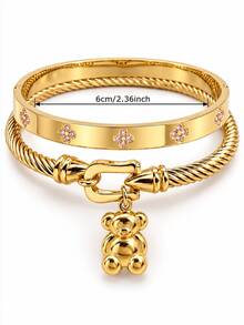 Camhanno 1pc Gold Stainless Steel Bear Pendant Twisted Open Bangle Bracelet With CZ Flower Inlay, Women's Daily Jewelry - Gold - View 8
