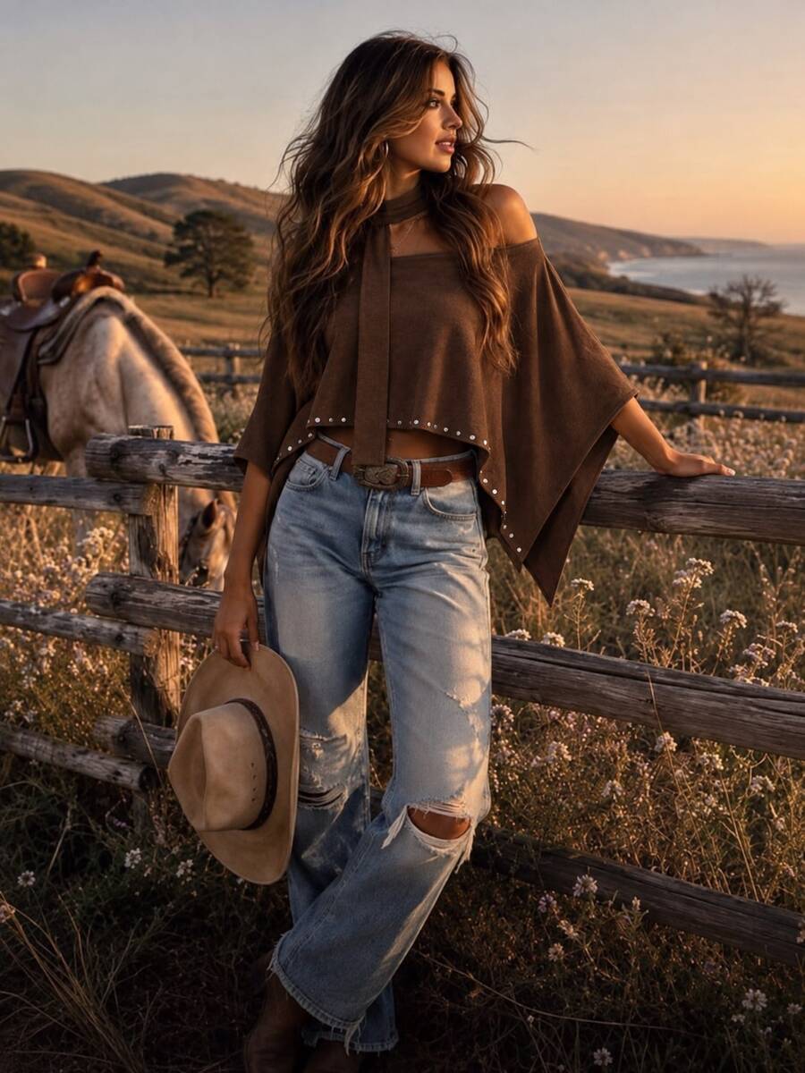 Women's Fall Winter Maillard Style Studded Off-Shoulder Loose Top, Neck Tie Design, Daily Commute, Back To School/College, Festival Outfits - Brown - View 1