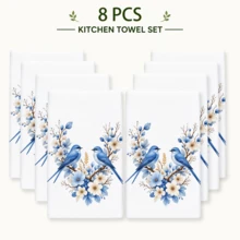 2pcs/Pack White Blue Bird & Floral Pattern Towels, Fresh Nordic Country Style Soft Absorbent Fabric Rectangular Kitchen Hand Towels, Blue Bird, Blue Flower, White Petal & Leaf Print Details, Elegant Natural Plant Theme Design, Suitable For Spring Kitchen, Dining Room, Country Home And Daily Decor. - Multicolor - View 12