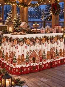 1pc Gingerbread House Theme Christmas Table Skirt, Gingerbread Man Candy Christmas Tree Snowflake Print Table Runner, Dessert Table, Dining Table, Holiday Party And Winter Home Decor - Multicolor - View 6