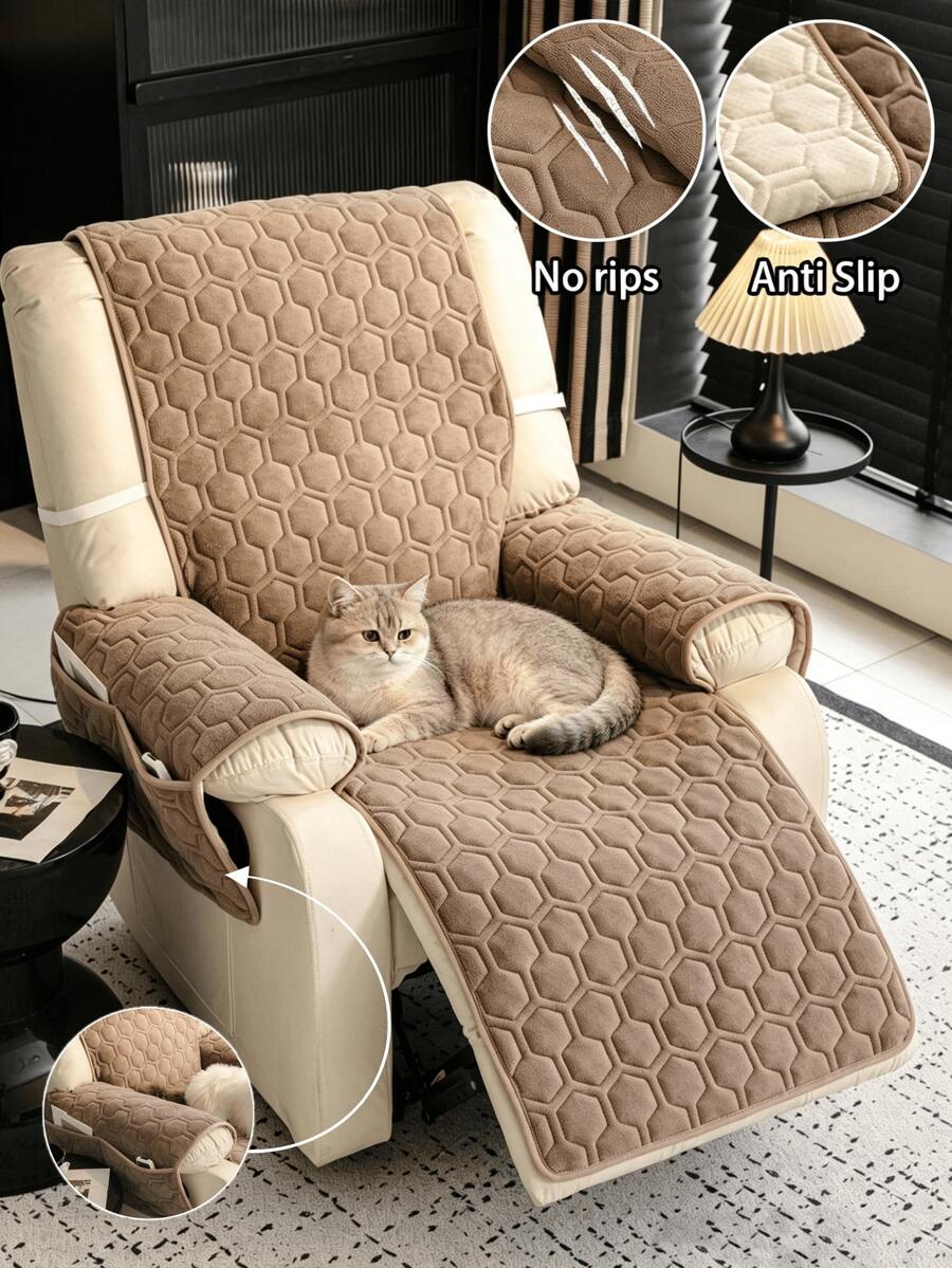 ZXZGM 1pc Full Coverage Recliner Chair Cushion With Armrest Pockets, Solid Color Quilted Hexagon Flannel Sofa Cover, Non-Slip Anti-Scratch Cat-Proof Machine Washable, Multi-Functional Reclining Stretchable Single Slouchy Sofa Cover, All-Season Home Living Room Gaming Chair Dust-Proof Dirt-Resistant Seat Pad, Pet-Friendly Wear-Resistant Thickened Sofa Cover, Autumn Home Textile Decor, Fall, Autumn, Fall Decor, Sofa Cover, Couch Cover - Coffee Brown - View 1