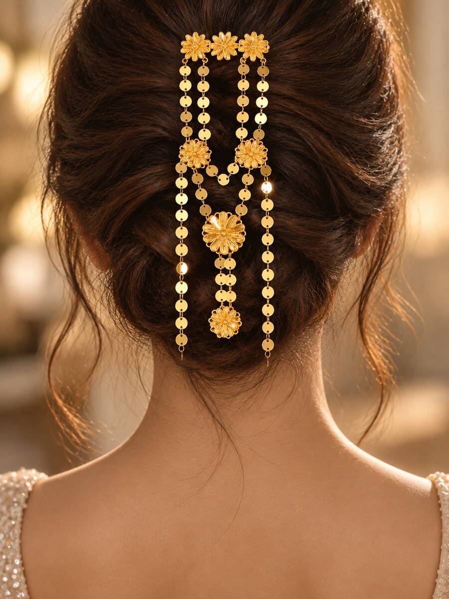 1pc Arabic Floral Sequin Multi-Layer Tassel Head Chain Women's Wedding Evening Party Festival Celebration Updo Hair Accessory - Golden - View 1