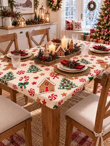 1pc Christmas Rectangular Tablecloth, Gingerbread House Candy Cane Tree Cookie Print Dining Table Cover For Kitchen Dining Room Party, Festive Holiday Table Decor, Home Decor, Room Decor, Christmas Decorations For Home - Multicolor - View 4