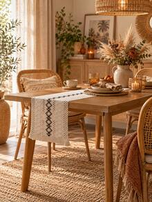 Tokoto 1PC Bohemian Style Linen Woven Table Runner, Farmhouse Country Woven Table Runner With Tassels, Suitable For Dining, Wedding, Bridal Shower - Multicolor - View 1