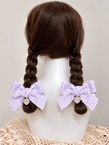 2 buah Jepit Rambut Pita Kotak-kotak dengan Liontin Hati, Jepit Rambut Samping Pita Kotak-kotak Berlapis-lapis Buatan Tangan, Aksesori Rambut Gaya Manis dan Modis untuk Anak Perempuan - Purple - View 4
