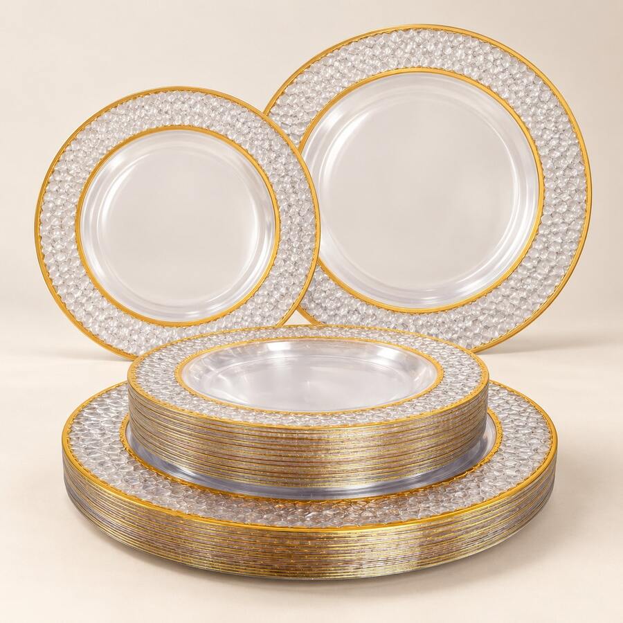 50/25/20/10件透明金邊餐具套裝，7.5英吋/10.25英吋可重複使用盤子，食物盤、水果與零食托盤、甜點與沙拉盤、起司盤，多用途餐具適用於派對、婚禮、生日、野餐、節日活動，優雅餐桌布置，易清洗且耐用，披薩托盤、盛盤、零食托盤、餐盤套裝、盛盤托盤、派對用品、紙盤
