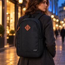 Black Water-Resistant Nylon Backpack 24L Large Capacity Unisex Daypack With Leather Patch Front Pocket For Travel School Work - Black - View 5