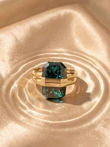 SWAROVSKI Emerald Cut Crystal Stackable Ring, Double Band Geometric Large Green Crystal Statement Ring, Luxury Cocktail Ring Birthday Gift For Women - Green - View 1