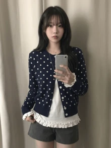 秋季休閒波點針織長袖開襟衫 - 藏青色 - 查看 1