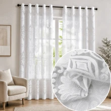 1pc High-End Jacquard Cut-Out Hollow Curtain, European Style Rhombus Coin Pattern Home Decor Curtain, Suitable For Bedroom, Living Room, Balcony, Kitchen Small Window - White - View 2