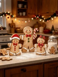3pcs/Set Christmas Gingerbread Man Set, Farmhouse‑Style Gingerbread Figurines, Christmas Table Centerpiece, Window Display Decorations, Tabletop Ornaments, Holiday Decor Props - Multicolor - View 2