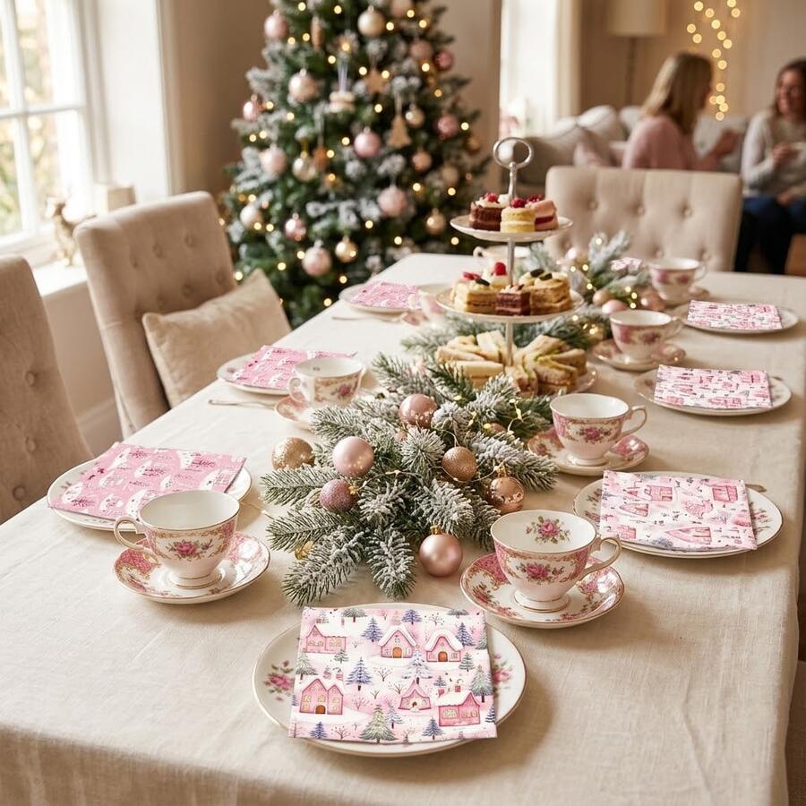 Serbet Kertas Desa Natal Merah Muda, 4 Desain Rumah dan Hutan Bersalju Musim Dingin yang Berbeda, Serbet Makan Sekali Pakai untuk Dekorasi Meja Pesta Natal - Beraneka warna - View 1