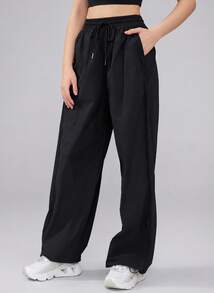 Never me Women's Loose Wide Leg Elastic Drawstring Lightweight Side Pocket Casual Jogger Pants - Black - View 5