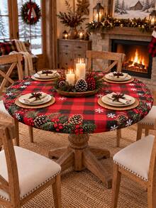 1件裝聖誕圓形桌巾，紅黑水牛格紋雪花松果莓果印花餐桌布，適用廚房、餐廳、派對，節慶假期桌飾，居家裝飾，房間裝飾，聖誕家居裝飾 - 彩色 - 查看 16