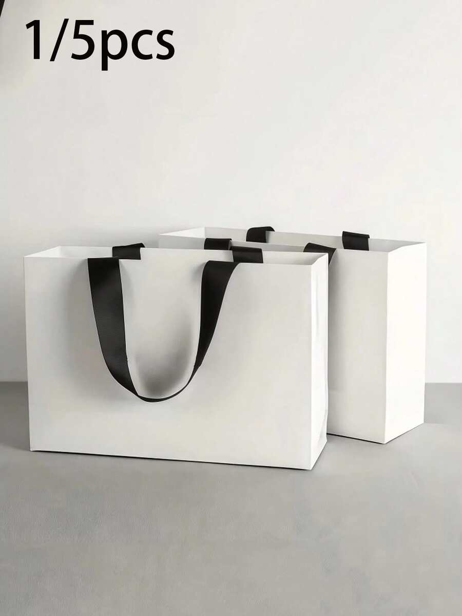 1/5pcs White Minimalist Paper Gift Bags With Black Satin Ribbon Handles, Suitable For Clothing Store Gift Packaging, Wedding Party, Birthday Gift, Holiday Gift Storage, Cosmetics, Multi-Purpose Shopping Packaging Bags - Multicolor - View 1