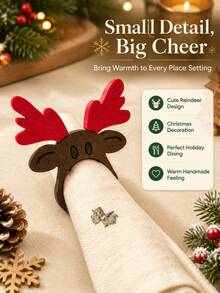 1/4pcs Christmas Reindeer Shaped Wooden Napkin Rings, Brown Tableware Buckles, Christmas Reindeer Design, Suitable For Christmas, Halloween, New Year, Wedding And Various Holiday Party Table Decoration - Rust Brown - View 4