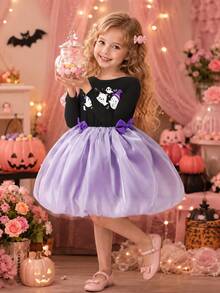 Girls Autumn Fashion Casual Outdoor Cute Halloween Cat Ghost Wizard Hat Star Pattern Bow Long Sleeve Puff Dress - Purple - View 10