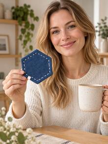 1pc Hexagon Fabric Coaster, Heat-Resistant Non-Slip Absorbent Drink Mat, Dark Blue Tabletop Protector, Suitable For Coffee Tea Cups, Minimalist Home Kitchen Restaurant Decor, Christmas Halloween Thanksgiving Holiday Gift, Room Decoration - Multicolor - View 4