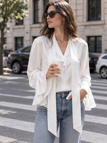 Spring/Autumn New Women's French Vintage Elegant Solid Color Dropped Shoulder Flared Sleeve Long Sleeve Blouse With Bow Tie And Buttons, Commuter Top - White - View 5