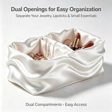 Satin Ruffle Edge Vanity Storage Box, Dual Compartment Design, Decorative Desktop Jewelry & Cosmetic Organizer For Earrings, Necklaces, Lipsticks, Romantic Vanity Decor For Women,Makeup Organizer,Room Decor - View 9