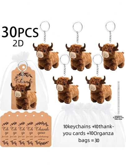 30pcs-2D Flat, Cute Scottish Highland Cow Element Keyring Gift Set - Includes 2D Design Acrylic Keychain + Thank You Card + Organza Gift Bag, Suitable For Keychain Event Giveaways, Packaging Decoration, Backpack Decoration, Thoughtful And Warm Gift For Family And Friends, Suitable For Christmas Gifts, Back To School Gifts, Halloween Gifts
